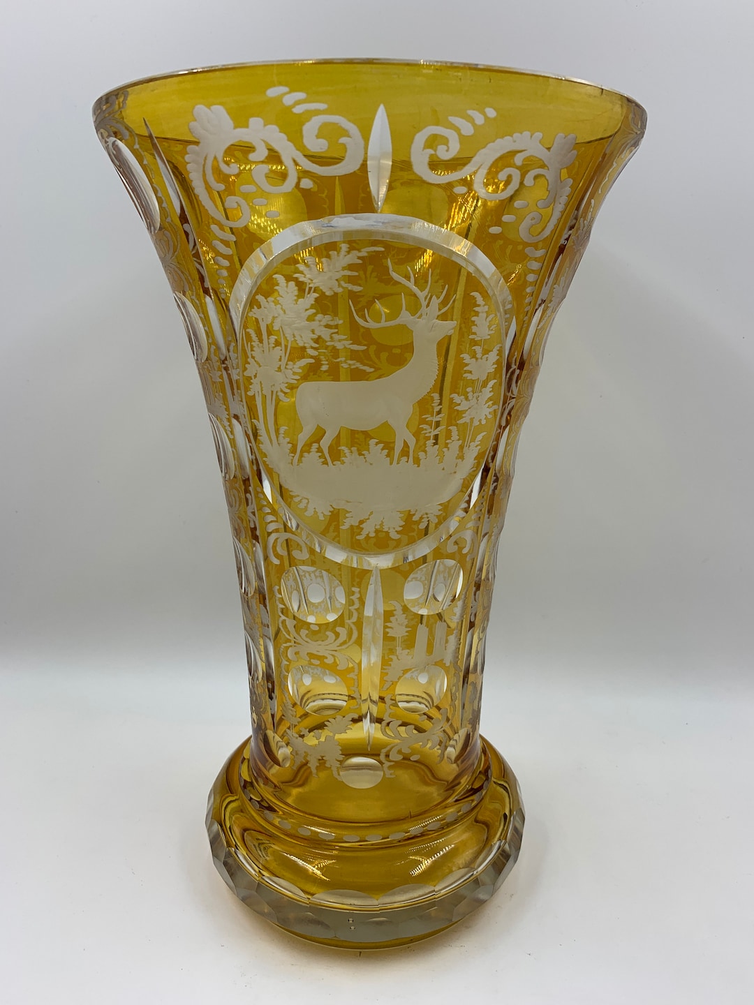 Amber Flashed Vase With Fancy Engravings & Cuts With Deer in Cut Circle ...