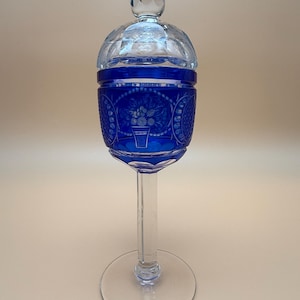 Vintage Cobalt Blue Cut-to-Clear Crystal Lidded Goblet – Made in Western Germany – Pedestal Chalice – Bohemian Art Glass