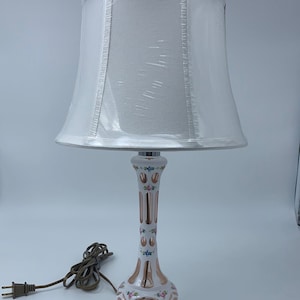 Small Pink Over White Bohemian Glass Lamp With Cuts And Painted Florals