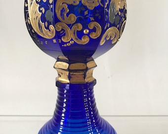 Cobalt Blue Roemer Glass Goblet: Gold Painted Freundschaftstasse