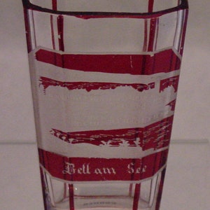 Ruby Flashed Over Crystal Glass Beaker With Engraved Houses And Lighthouse ~ Bell am See - Bells at the Lake