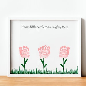 May include: A white framed print with the text "From little seeds grow mighty trees" and three pink footprints shaped like flowers with green stems and leaves.