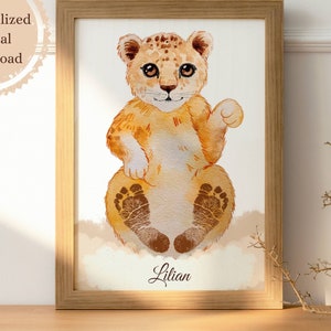 Personalisierter Löwenjunges Fußabdruck Handwerk, Baby Andenken, Benutzerdefinierte Name Handwerk, druckbare Vorlage, Safari Löwe Druck, personalisierte Kinderzimmer Dekoration