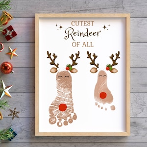 Reindeer Footprint Craft for 2 Kids, Christmas Art Template, Printable Christmas Craft, Daycare Activities, Baby Keepsake, Toddler Craft