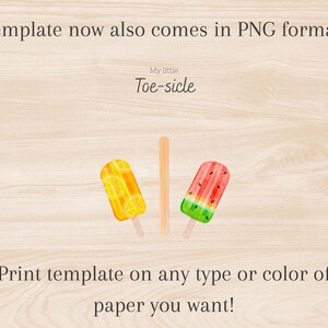 May include: Watercolor illustration of two popsicles, one lemon and one watermelon, with wooden sticks. The image includes the text "Template now also comes in PNG format!" and "Print template on any type or color of paper you want!"