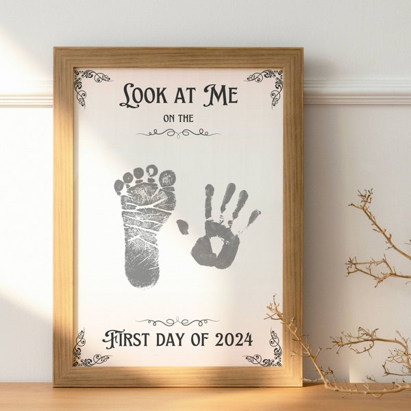 New Year Printable Craft, Footprint and Handprint Craft, Baby Keepsake, First New Year, Minimalist Craft, Daycare Craft Template