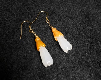 Natural Burmese Jade Earrings: 14K Gold Flower Dangles
