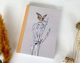 Vita et Mors Notebook - Skeleton with Butterfly  - Grey Orange Aesthetic - Journal - Stationary