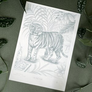 May include: A black and white illustration of a tiger in a jungle setting. The tiger is standing on a pizza box with a slice of pizza on it. The text "OUTRE FAIR" is printed below the tiger.