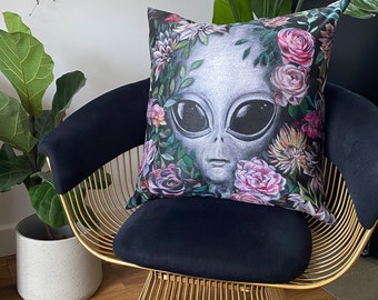 Area 50 Hun Cushion - Faux Suede - Floral Alien - Dark Green Black Aesthetic - Home Décor