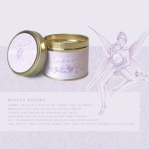 May include: A gold candle tin with a white label that says "CUTRETOR Tinderbell BEAUTY REGIME" and a pink fairy illustration. The candle is surrounded by a purple floral pattern.