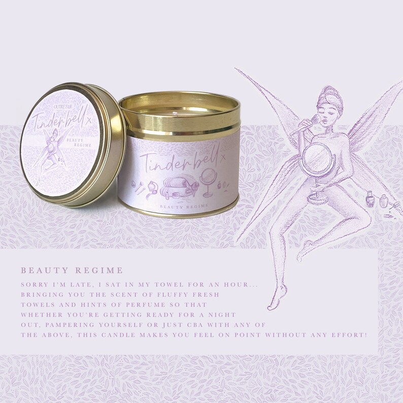 May include: A gold candle tin with a white label that says "CUTRETOR Tinderbell BEAUTY REGIME" and a pink fairy illustration. The candle is surrounded by a purple floral pattern.