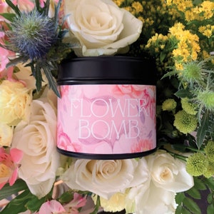Flower Bomb Candle - Vibrant Rose Petals and Orange Zest Scented - Creamy Tonka, Cedar and Oud - 250ml Soy Container Candle