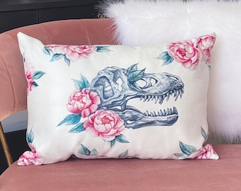 T. rex Skull and Peony Cushion - Pink Green Aesthetic - Home Décor