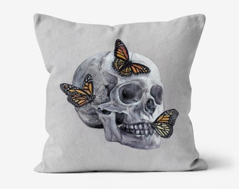 Vita et Mors Cushion - Faux Suede - Skull and Butterflies - Orange Grey Aesthetic - Home Décor