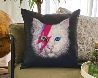 David Meowie Cushion - Faux Suede - Cat - Black Red Blue Aesthetic - Home Décor