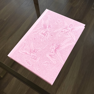 May include: A pink book cover featuring a repeating pattern of fairies with wings and flowers. The fairies are drawn in a vintage style.