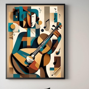 May include: Abstract art print featuring a musician playing a lute, rendered in geometric shapes and muted colors. The artwork is framed and hangs above a black sofa with decorative pillows. The room has a modern aesthetic with a black accent wall and a potted plant.