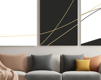 Utskrivbar väggkonst, set med 3 abstrakta, neutrala geometriska figurer, former. Svart guld vit, bohemisk estetik, modern minimalistisk, stor stil.