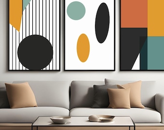 Utskrivbar väggkonst, set med 3 abstrakta, neutrala geometriska figurer, svartgul bohemisk estetik, modern minimalistisk poster, stor stil