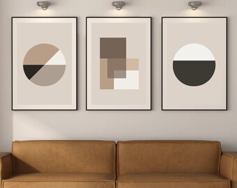 Utskrivbar väggkonst med 3 set, neutrala abstrakta geometriska figurer, tobaksbrun bohemisk estetik, modern minimalistisk, storstilad vardagsrumsdekoration