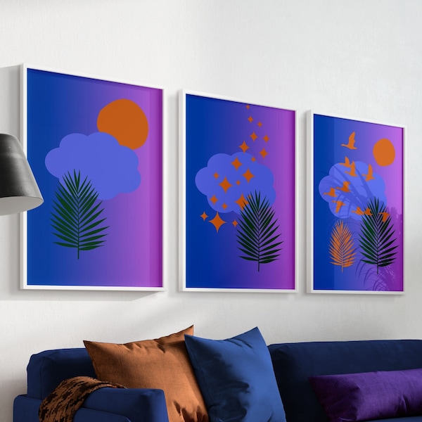 Modern-Nature Boho Landscape, Set of 3 Wall-Art, Dark-Blue Orange Abstract Sun Magenta, Contemporary Aesthetic Large Print Decor Living Room