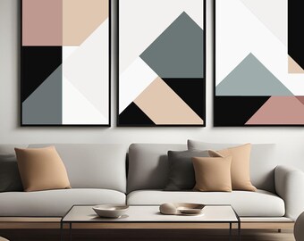 Utskrivbar väggkonst, set med 3 abstrakta neutrala geometriska figurer, beigegrå boho-estetik, modern minimalistisk poster, stor stil