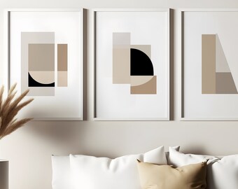 Arte murale stampabile, set di 3 figure geometriche neutre astratte, estetica boho beige marrone, poster minimalista moderno, stampa di grandi dimensioni.