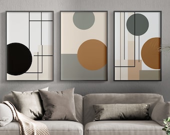 Set di 3 stampe artistiche da parete con figure geometriche astratte, forme neutre, beige marrone, estetica boho, poster moderno e minimalista, stampa di grandi dimensioni