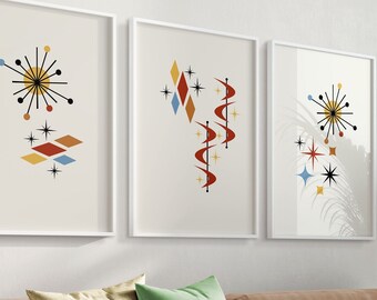 Väggkonst set med 3, abstrakta figurer former, ljusgul modern estetisk inredning neutral geometrisk minimalistisk poster, stortryck vardagsrum