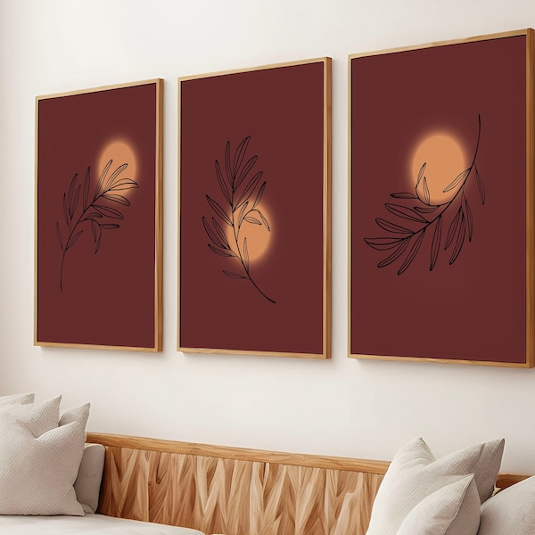 Dark-Orange Morning-Sun Nature Wall-Art Printable Set, Puce Red Abstract, Modern Neutral Boho, Aesthetic Botanical Minimalist, Large Print