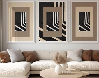 Utskrivbar väggkonst set med 3 abstrakta geometriska figurer, beige boho estetik, modern söt, minimalistisk poster, stortryck vardagsrum