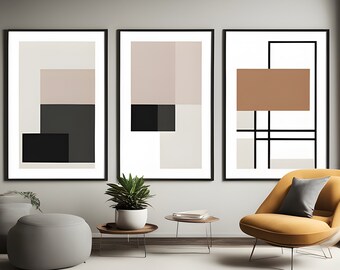Utskrivbar väggtavla, set med 3 abstrakta, neutrala geometriska figurer, brunbeige bohemisk estetik, modern minimalistisk poster, stor tryck.