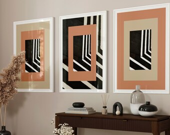 Väggkonst med omättad persikafluff, abstrakta geometriska figurer och former, utskrivbart set modernt neutralt boho, estetiskt minimalistiskt stort tryckrum