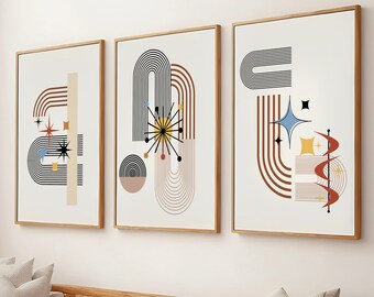 Väggkonst set med 3, abstrakta neutrala geometriska figurer, ljusgul estetisk modern inredning minimalistisk poster, stortryck vardagsrum