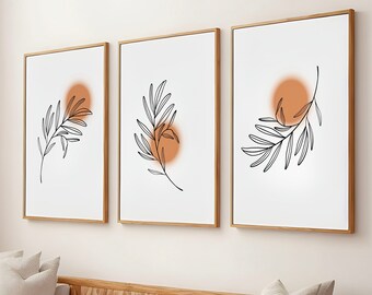 Modern-Natur Boho, Abstrakta Botaniska Väggkonsttryck, Set med 3 Mjuk-Orange Sol Terrakotta Digital Stortryck Dekor, Estetisk Vardagsrum