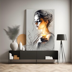 Schizzo di una donna con una candela, stampabile, generato dall'intelligenza artificiale, estetica moderna, arte boho, poster minimalista di grandi dimensioni per la decorazione della stanza della casa immagine 2