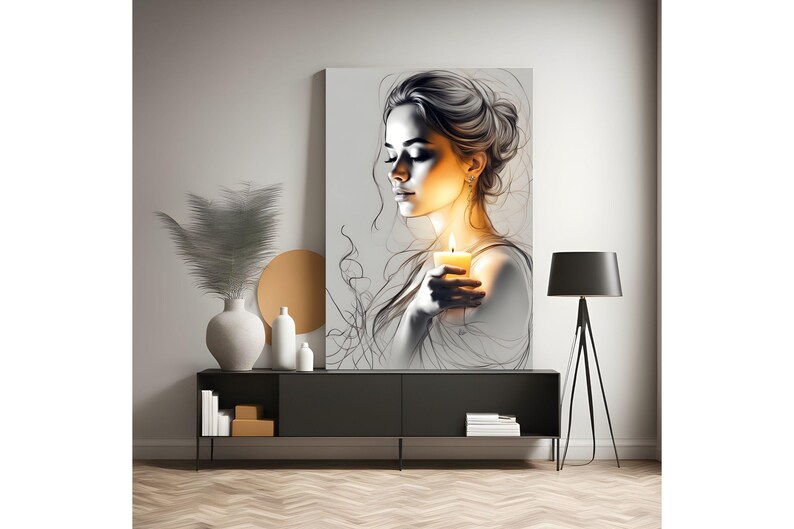 Schizzo di una donna con una candela, stampabile, generato dall'intelligenza artificiale, estetica moderna, arte boho, poster minimalista di grandi dimensioni per la decorazione della stanza della casa immagine 2