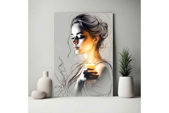 Sketch of A Woman With A Candle, Printable Wall Art, AI Generated, Modern Aesthetic, Boho Art, Minimalist Large Print Home Room Decor Poster