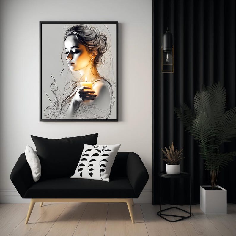 Pu&ograve; includere: Un'illustrazione in bianco e nero di una donna che tiene una candela accesa. La donna &egrave; disegnata in uno stile realistico con tratti delicati e capelli lunghi. La candela brilla intensamente, proiettando una luce calda sul viso della donna.