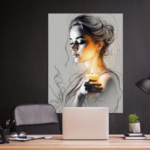 Pu&ograve; includere: Un'illustrazione digitale in bianco e nero di una donna che tiene una candela accesa. Il viso della donna &egrave; illuminato dalla luce della candela e i suoi occhi sono chiusi. Lo sfondo &egrave; di un grigio tenue.
