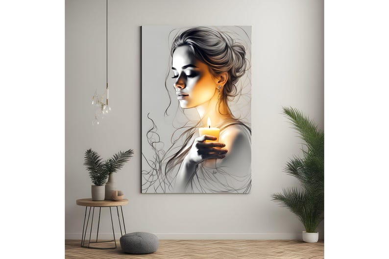 Pu&ograve; includere: Un'illustrazione in bianco e nero di una donna che tiene una candela accesa. Il viso della donna &egrave; illuminato dalla luce della candela, creando un bagliore caldo.