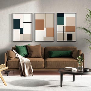 Druckbares Kunst Set Abstrakte Geometrische Figuren, Neutrale Formen, dunkelgrüne braun grau Boho Ästhetik, modern minimalistisch, Großdruck