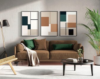 Set di 3 stampe da parete con figure geometriche astratte, forme neutre, verde scuro, marrone e grigio, stile boho, minimalista moderno, stampa di grandi dimensioni