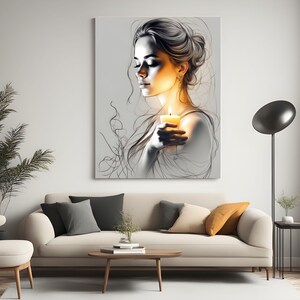 Pu&ograve; includere: Un'illustrazione in bianco e nero di una donna che tiene una candela accesa. La donna &egrave; disegnata in uno stile realistico con tratti delicati e capelli lunghi. La candela brilla intensamente, proiettando una luce calda sul viso della donna.