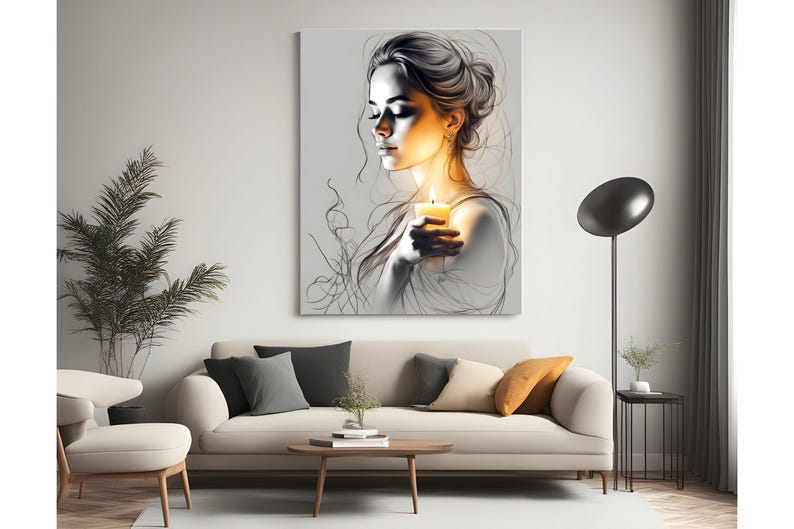 Pu&ograve; includere: Un'illustrazione in bianco e nero di una donna che tiene una candela accesa. La donna &egrave; disegnata in uno stile realistico con tratti delicati e capelli lunghi. La candela brilla intensamente, proiettando una luce calda sul viso della donna.