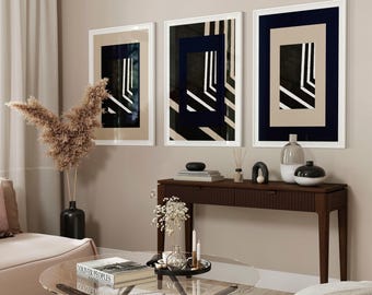 Set di 3 stampe da parete con figure geometriche astratte, forme, blu navy scuro, estetica boho, poster moderno e carino, minimalista, per il soggiorno.