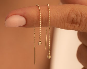 Elegant Ball Threader Earrings Gifts for Women - Minimalist Beaded Drop Jewelry, 14K Solid Gold Tiny Bead Drops, Long Chain Earrings, ETE-2