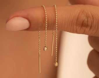 14K Solid Gold Ball Threader Earrings: Minimalist Dangle Jewelry