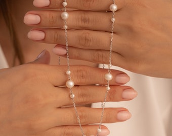 Freshwater Pearl Station Necklace: Dainty 18K Gold Sterling Silver Choker
